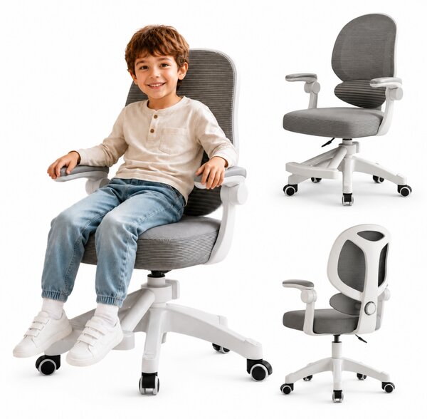 Scaun ergonomic de gaming pentru copii, rotativ, cu roți Gri