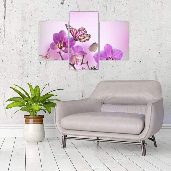 Tablou - Fluture pe flori de orhidee, liliac (90x60 cm)