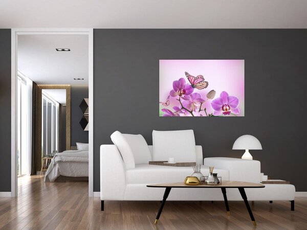 Tablou - Fluture pe flori de orhidee, liliac (90x60 cm)