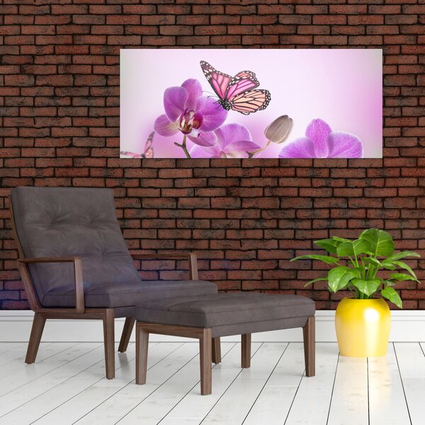 Tablou - Fluture pe flori de orhidee, liliac (120x50 cm)