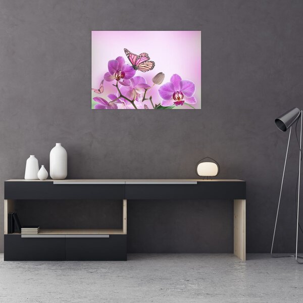 Tablou - Fluture pe flori de orhidee, liliac (70x50 cm)