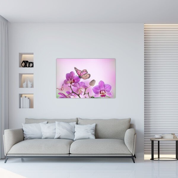 Tablou - Fluture pe flori de orhidee, liliac (90x60 cm)