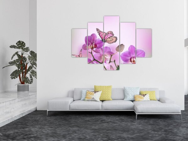 Tablou - Fluture pe flori de orhidee, liliac (150x105 cm)
