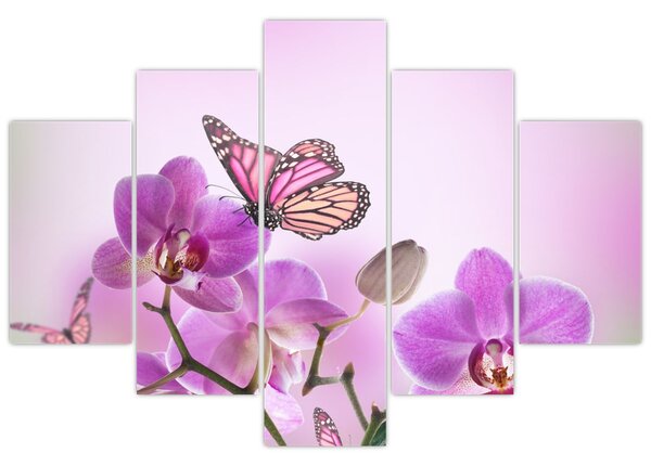 Tablou - Fluture pe flori de orhidee, liliac (150x105 cm)