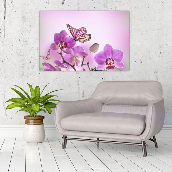 Tablou - Fluture pe flori de orhidee, liliac (90x60 cm)