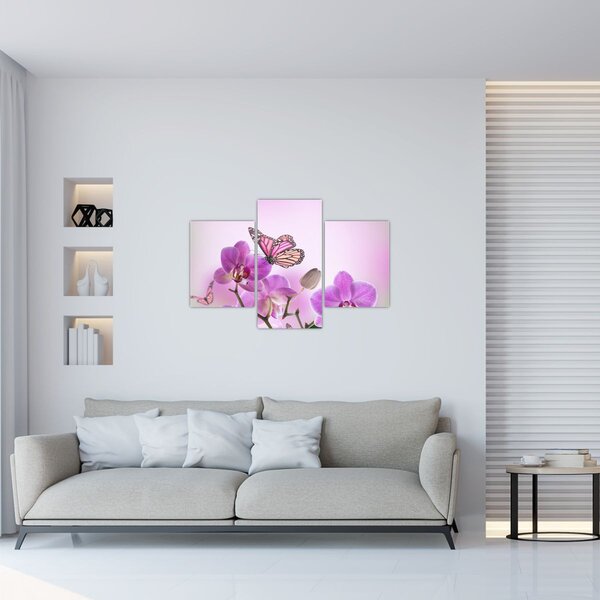 Tablou - Fluture pe flori de orhidee, liliac (90x60 cm)