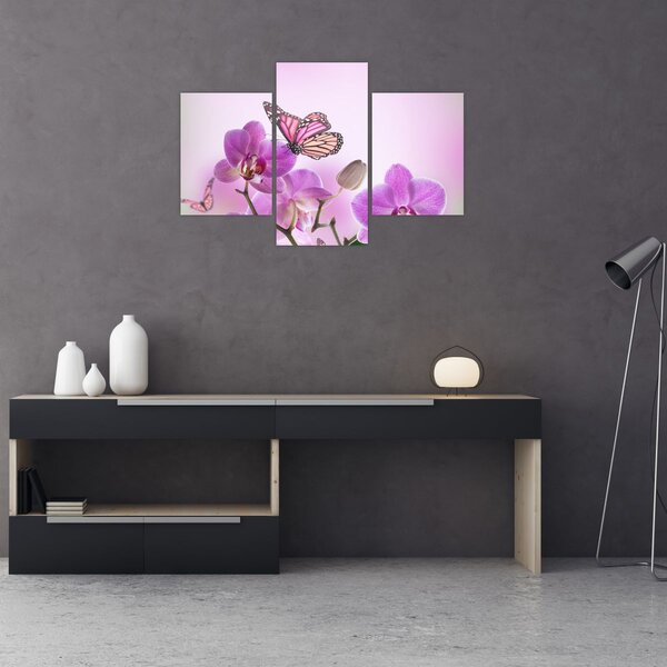 Tablou - Fluture pe flori de orhidee, liliac (90x60 cm)
