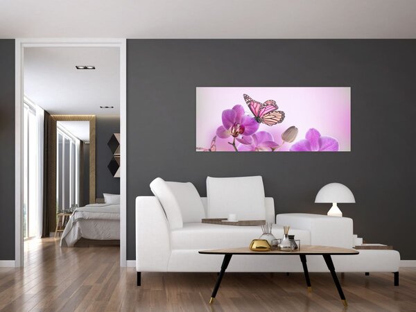 Tablou - Fluture pe flori de orhidee, liliac (120x50 cm)