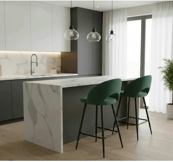 Scaun bar H96, verde inchis/negru, stofa/otel, 48x49x89 cm