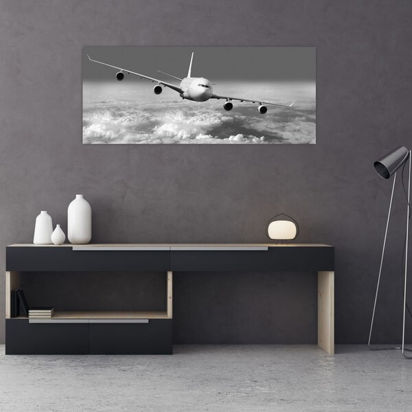 Tablou - Avion în nori, alb și negru (120x50 cm)