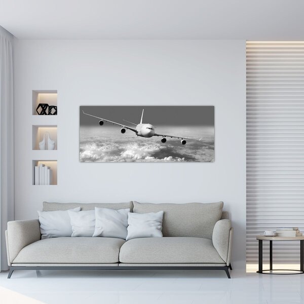 Tablou - Avion în nori, alb și negru (120x50 cm)