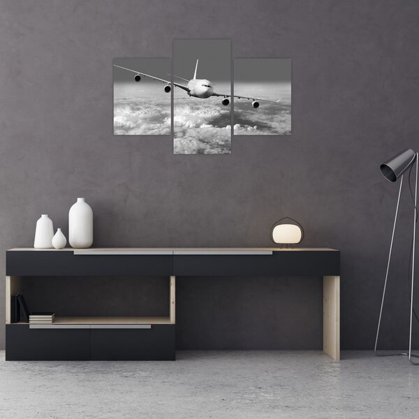 Tablou - Avion în nori, alb și negru (90x60 cm)