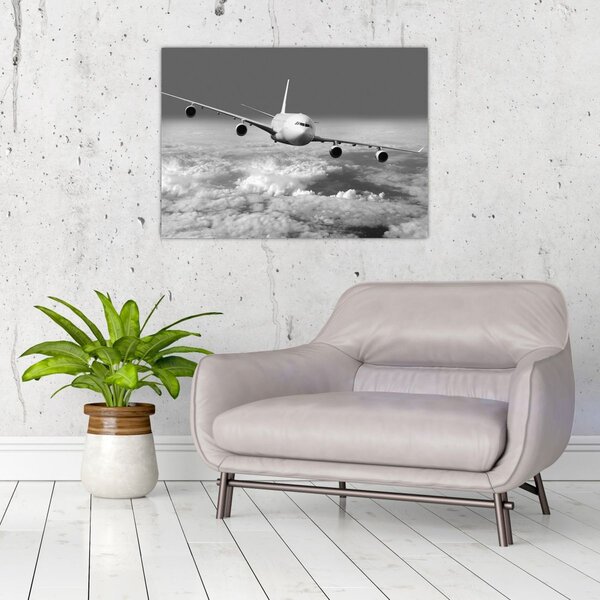 Tablou - Avion în nori, alb și negru (70x50 cm)