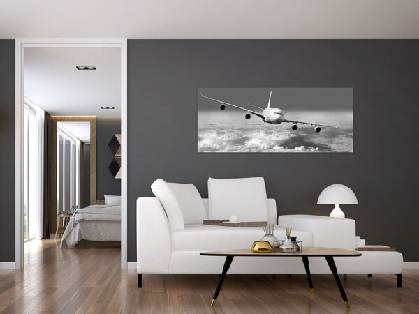 Tablou - Avion în nori, alb și negru (120x50 cm)