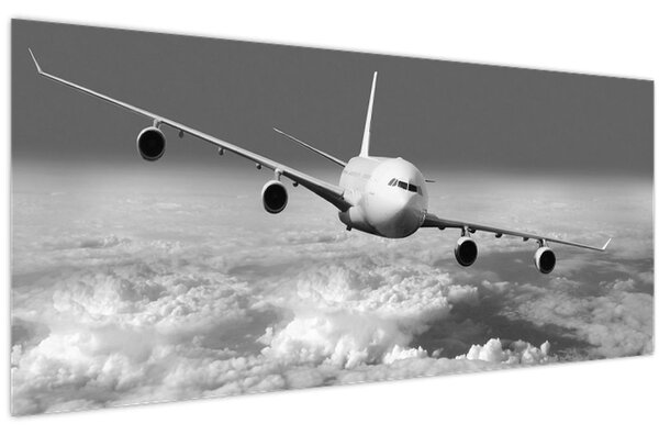 Tablou - Avion în nori, alb și negru (120x50 cm)