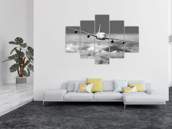 Tablou - Avion în nori, alb și negru (150x105 cm)