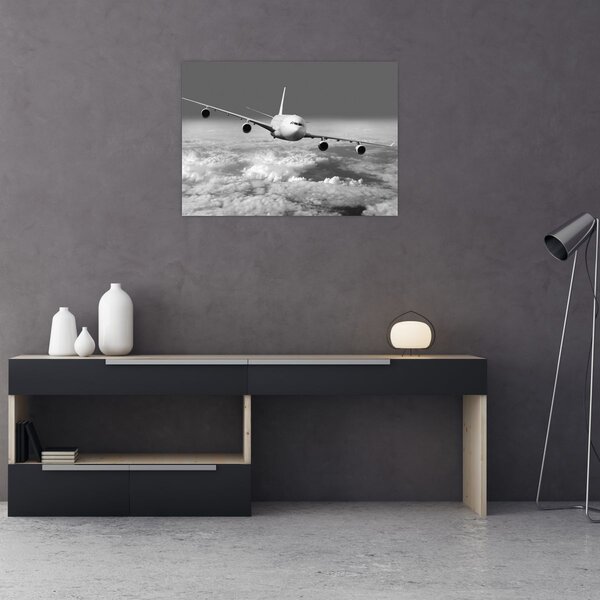 Tablou - Avion în nori, alb și negru (70x50 cm)