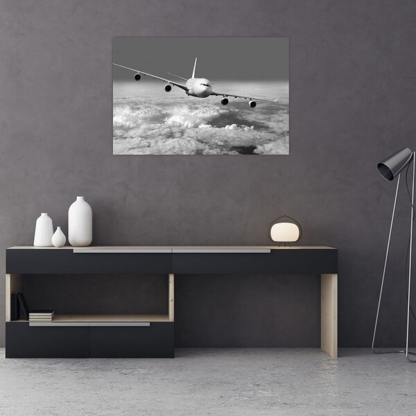 Tablou - Avion în nori, alb și negru (90x60 cm)
