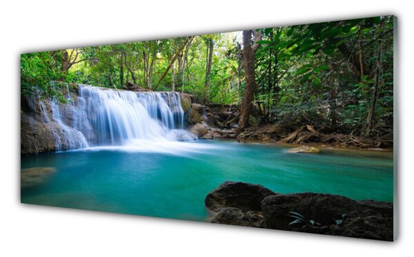 Panou sticla bucatarie Cascada Lake Forest Natura Albastru Maro Alb Verde
