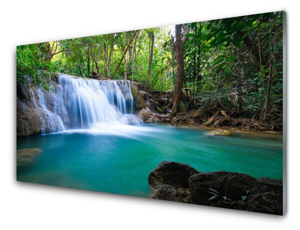 Panou sticla bucatarie Cascada Lake Forest Natura Albastru Maro Alb Verde