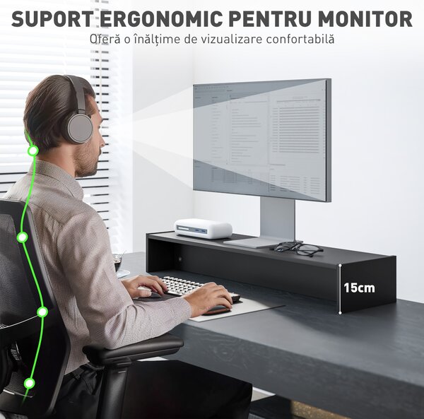 HOMCOM Suport Monitor PC până la 16 kg cu 2 Compartimente de Depozitare, 100x27x15 cm, Negru | Aosom Romania