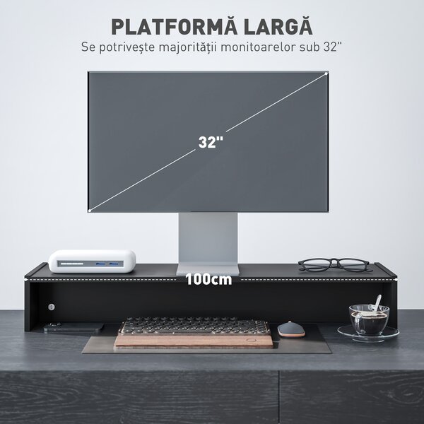 HOMCOM Suport Monitor PC până la 16 kg cu 2 Compartimente de Depozitare, 100x27x15 cm, Negru | Aosom Romania