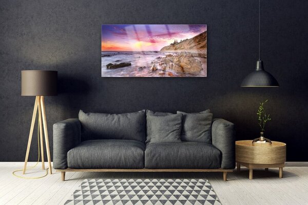 Tablou pe sticla Marea pietre Peisaj Gri Violet Roz