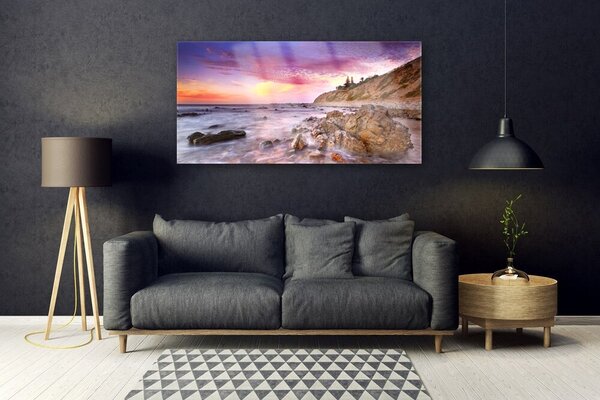 Tablou pe sticla Marea pietre Peisaj Gri Violet Roz
