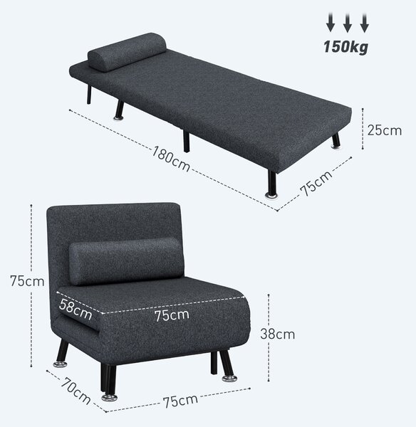 HOMCOM Fotoliu Pat 3 în 1 cu Spătar Reglabil pe 5 Nivele și Pernă, Canapea Pat Pliabilă, 75x70x75 cm, Gri Închis | Aosom Romania