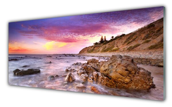 Tablou pe sticla Marea pietre Peisaj Gri Violet Roz
