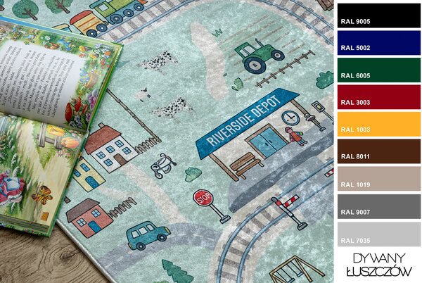 BAMBINO 61530 covor lavabil Râu, șine, tren pentru copii anti-alunecare - verde / gri
