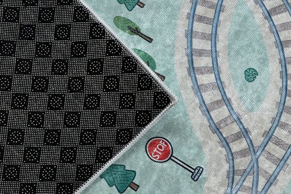 BAMBINO 61530 covor lavabil Râu, șine, tren pentru copii anti-alunecare - verde / gri