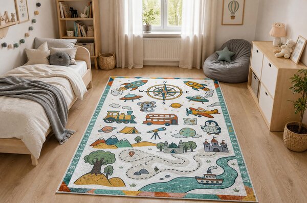 BAMBINO 61420 covor lavabil Grădină Călătorie, alfabet, numere pentru copii anti-alunecare - crem / verde