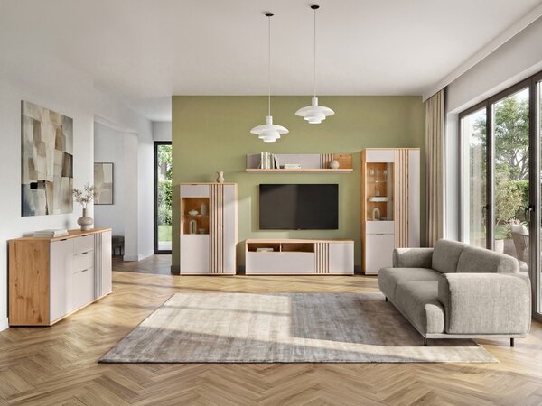 Set de living Venvou 111, Stejar artizan, Cașmir, PAL laminat, Sticlă, MDF