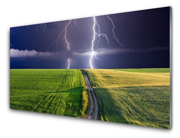 Panou sticla bucatarie Câmp Path Lightning Peisaj Gri Verde Violet Alb