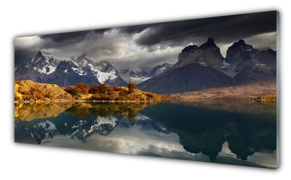 Tablou pe sticla Mountain Lake Peisaj Gri Galben Alb