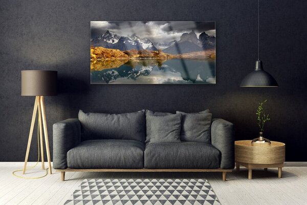 Tablou pe sticla Mountain Lake Peisaj Gri Galben Alb