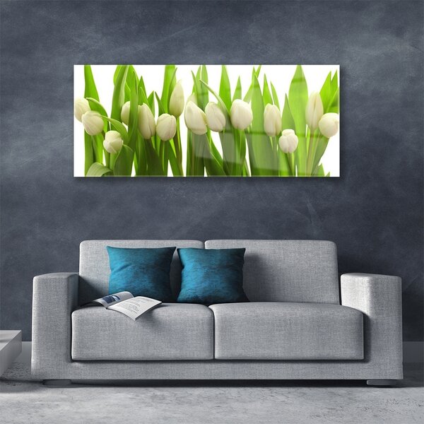 Tablou pe sticla Lalele Floral Alb Verde