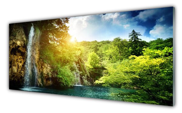 Tablou pe sticla Cascada Copaci Peisaj Albastru Alb Verde Maro