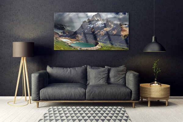 Tablou pe sticla Mountain Bay Peisaj Brun Verde Gri