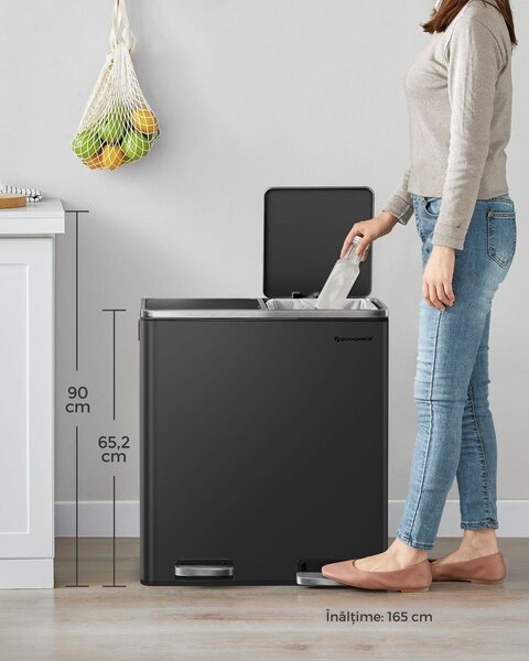 Coș pentru sortarea deșeurilor SORT, 2x30 l + saci de gunoi, negru/argintiu SongmicsHome
