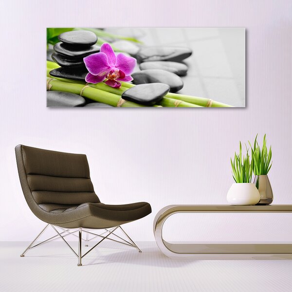 Tablou pe sticla Bamboo Tube flori Stones Arta Verde Roz Negru