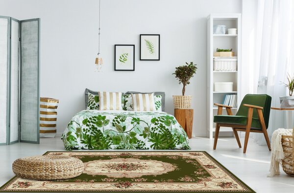 Covor Lotos 507-301, Marime 60 x 110 cm, Crem, Verde, Inaltime Fir 8 mm, Antialergic, Polipropilena, Living, Dormitor, Sufragerie, Birou 60 x 110