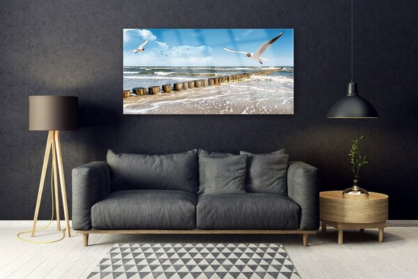 Tablou pe sticla Seagulls Sea Peisaj Gri Albastru Alb
