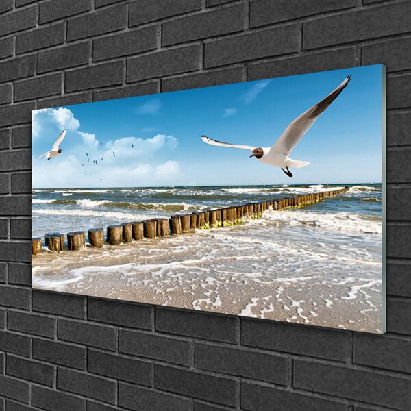 Tablou pe sticla Seagulls Sea Peisaj Gri Albastru Alb