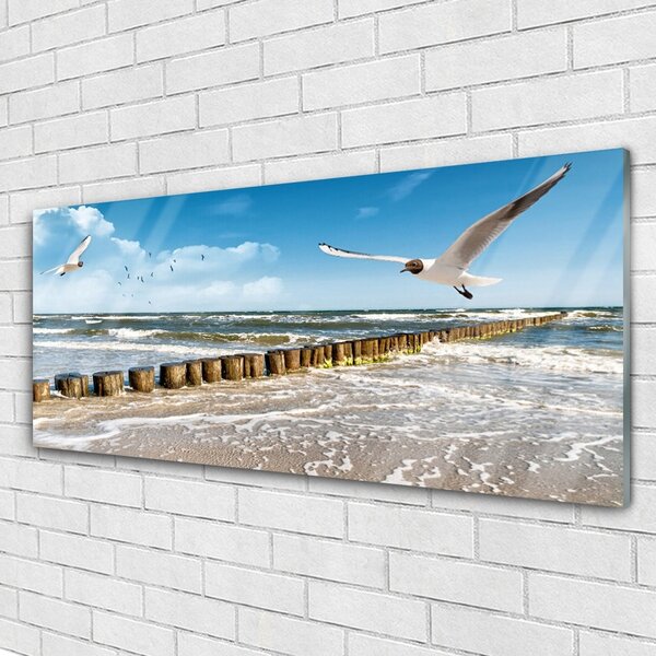 Tablou pe sticla Seagulls Sea Peisaj Gri Albastru Alb