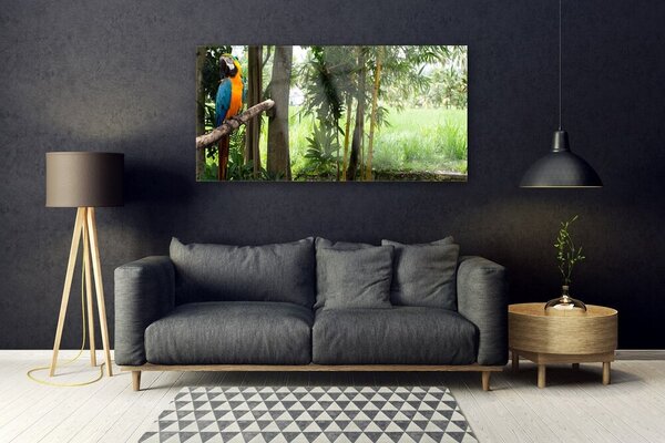 Tablou pe sticla Parrot Copaci Natura Albastru Galben Maro Verde