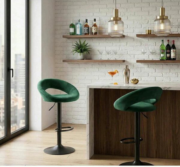 Scaun bar H102, verde inchis/negru, stofa catifelata/otel, 53x48x100 c