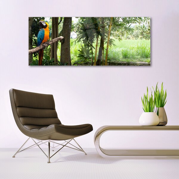 Tablou pe sticla Parrot Copaci Natura Albastru Galben Maro Verde