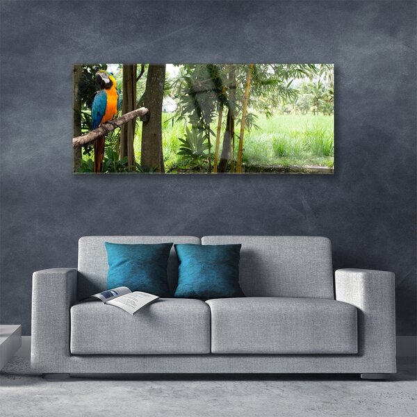 Tablou pe sticla Parrot Copaci Natura Albastru Galben Maro Verde